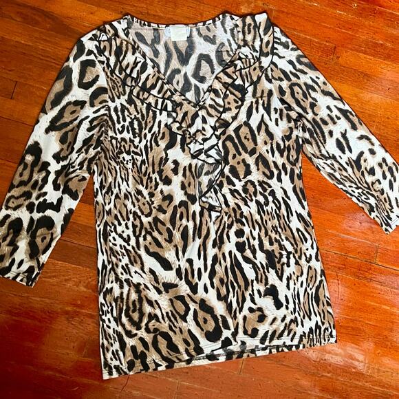 Vintage 90’s Y2K Georgia Rylie Leopard Ruffle Bodycon Long Sleeve Blouse Medium - Picture 1 of 6
